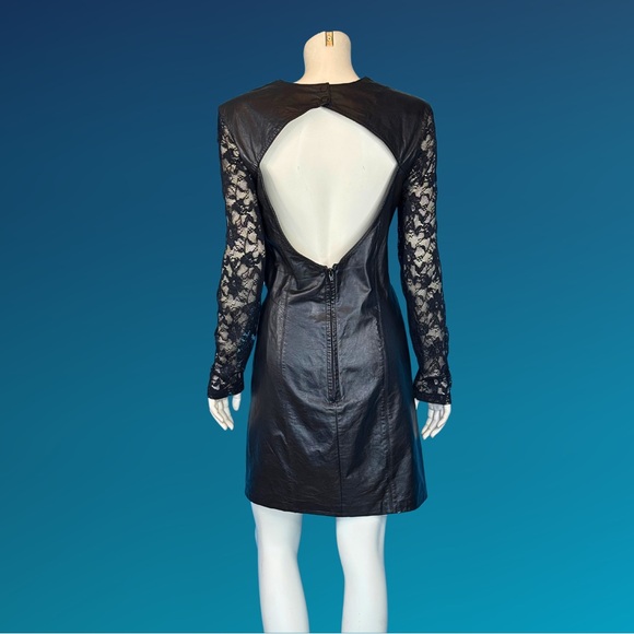 Vampy LEATHER & LACE Black OPeN Back Mini Dress / 80s 90s Goth / S - Picture 7 of 10